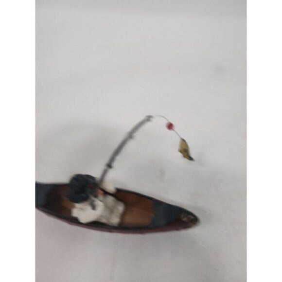 VINTAGE Christmas Tree Ornament Fishing Snowman In Metal Boat Fisherman Decor 6" - Picture 7 of 8